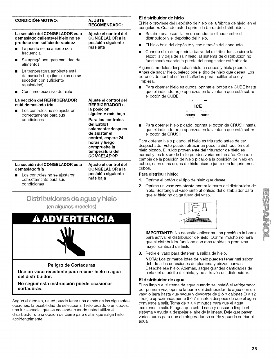 Condicion/motivo, La sección del refrigerador, La sección del congelador está demasiado fría | El distribuidor de hielo, Distribuidores de agua y hielo, A advertencia | Kenmore 2205960 User Manual | Page 35 / 76