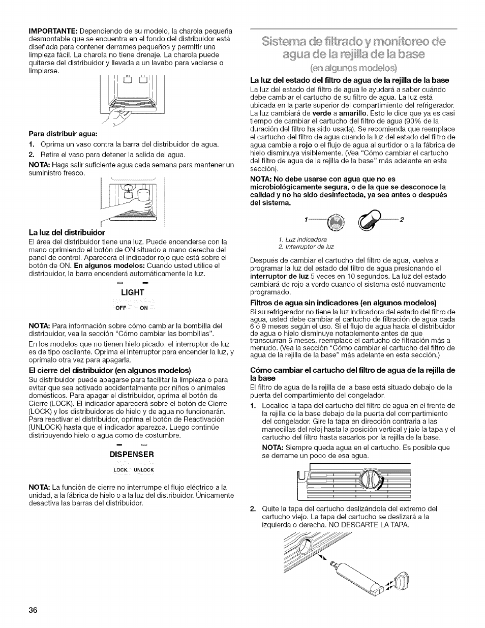 La luz del distribuidor, Light, Dispenser | Kenmore 2205960 User Manual | Page 36 / 76