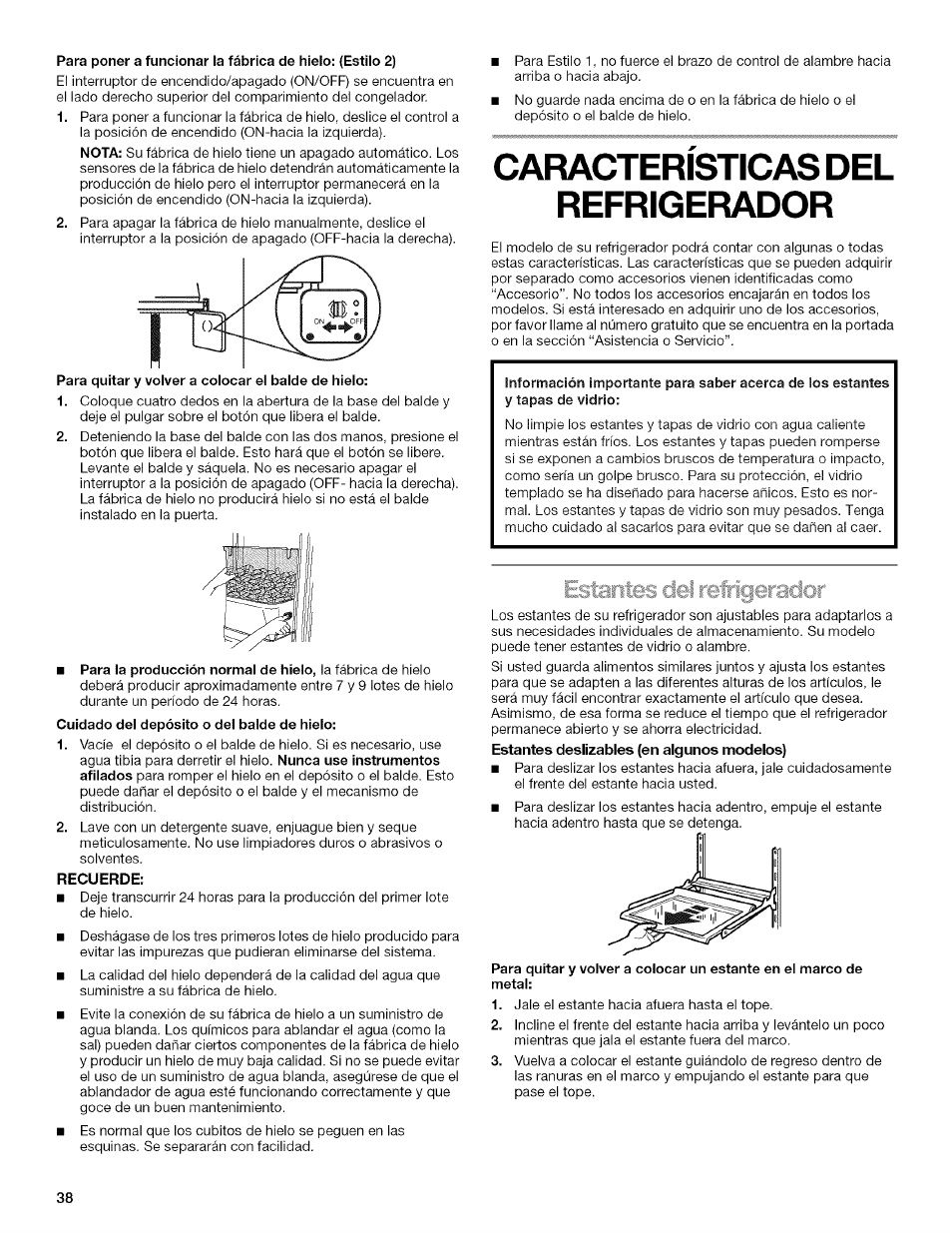 Recuerde, Caracteristicas del refrigerador, Est2 ■ ilrefrigeracjor | Kenmore 2205960 User Manual | Page 38 / 76