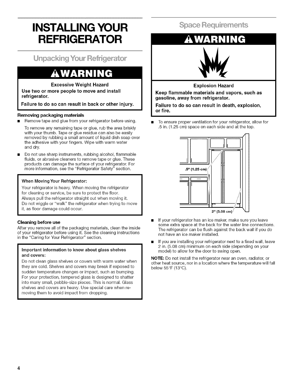 Awarning, Installing your refrigerator, Uiipacicing your refrigerator | Sp|.. ■ ■ ^ ■■^merits | Kenmore 2205960 User Manual | Page 4 / 76
