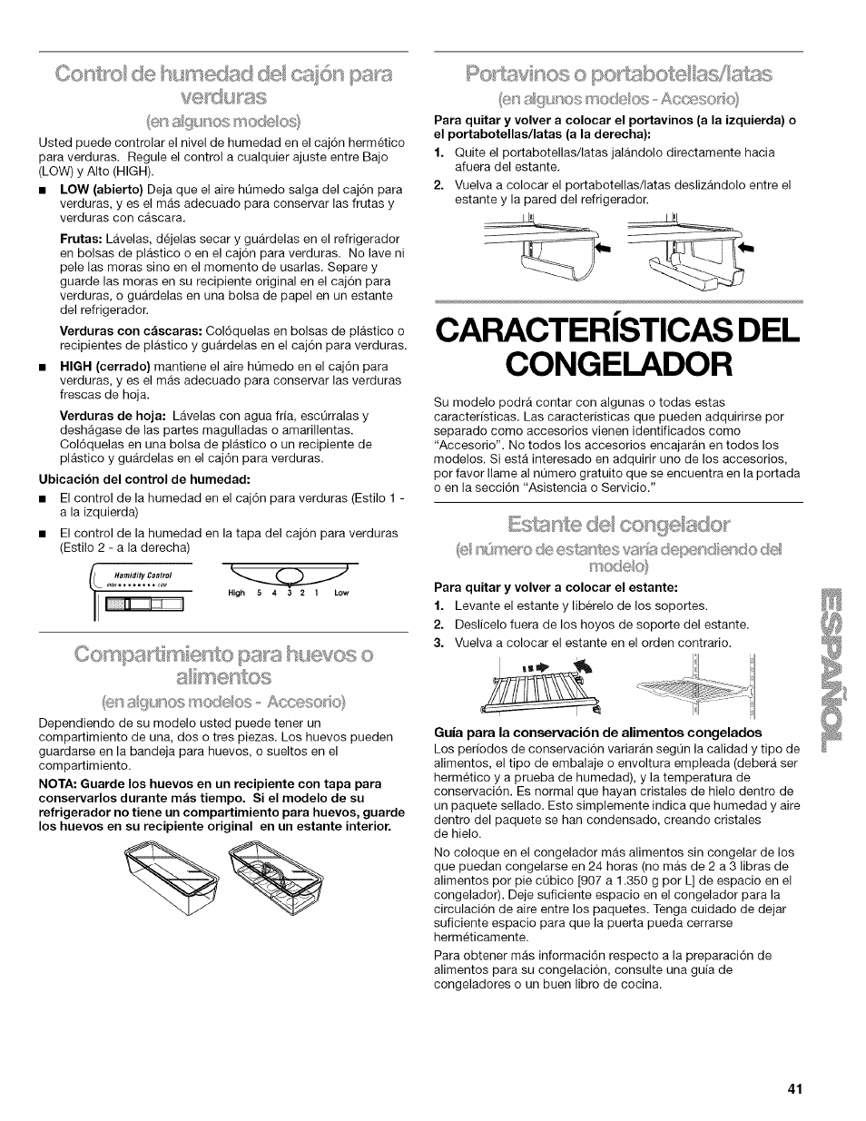 Ubicación del control de humedad, Para quitar y voiver a colocar el estante, Guía para la conservación de alimentos congelados | Caracteristicas del congelador | Kenmore 2205960 User Manual | Page 41 / 76