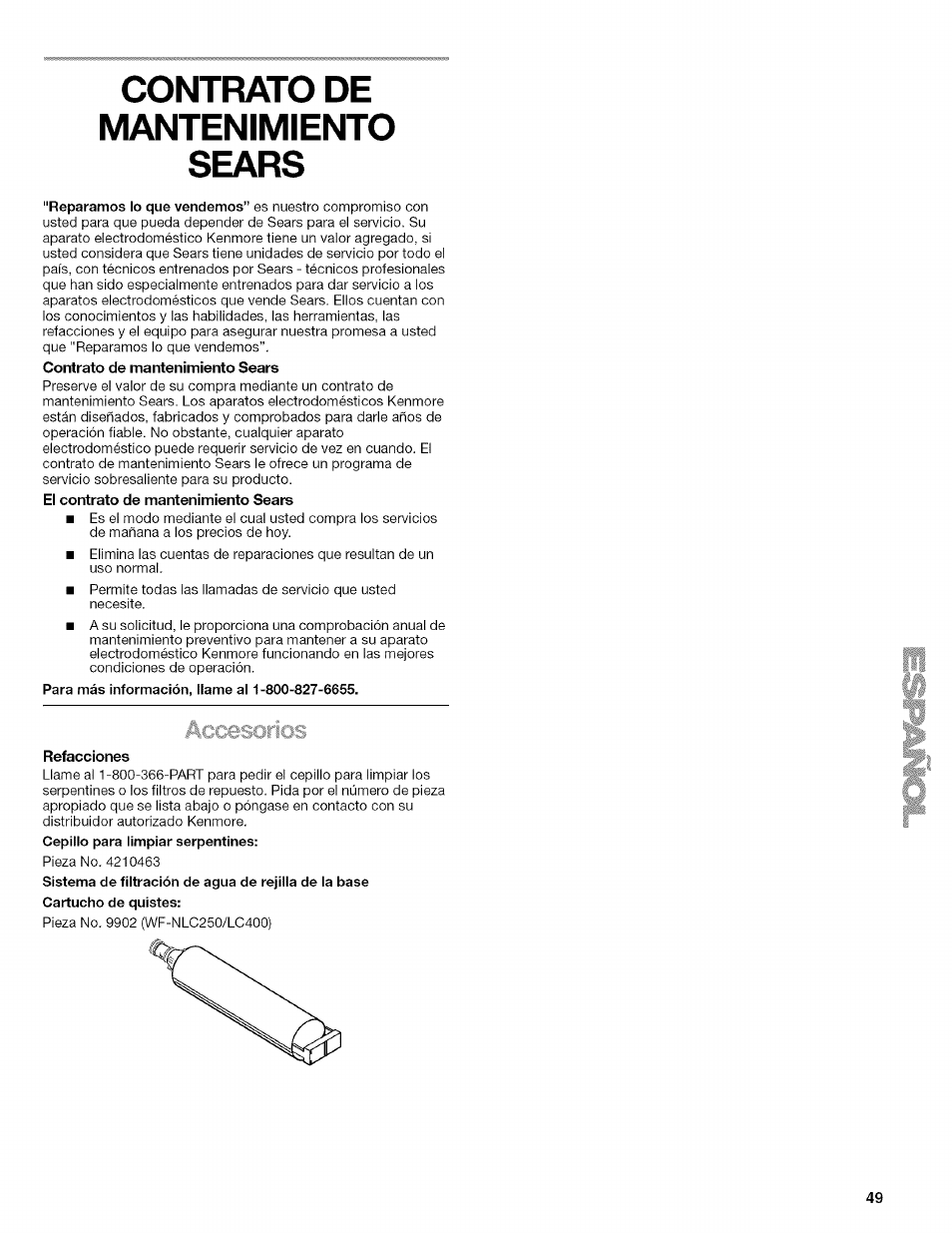 Refacciones, Contrato de mantenimiento sears | Kenmore 2205960 User Manual | Page 49 / 76