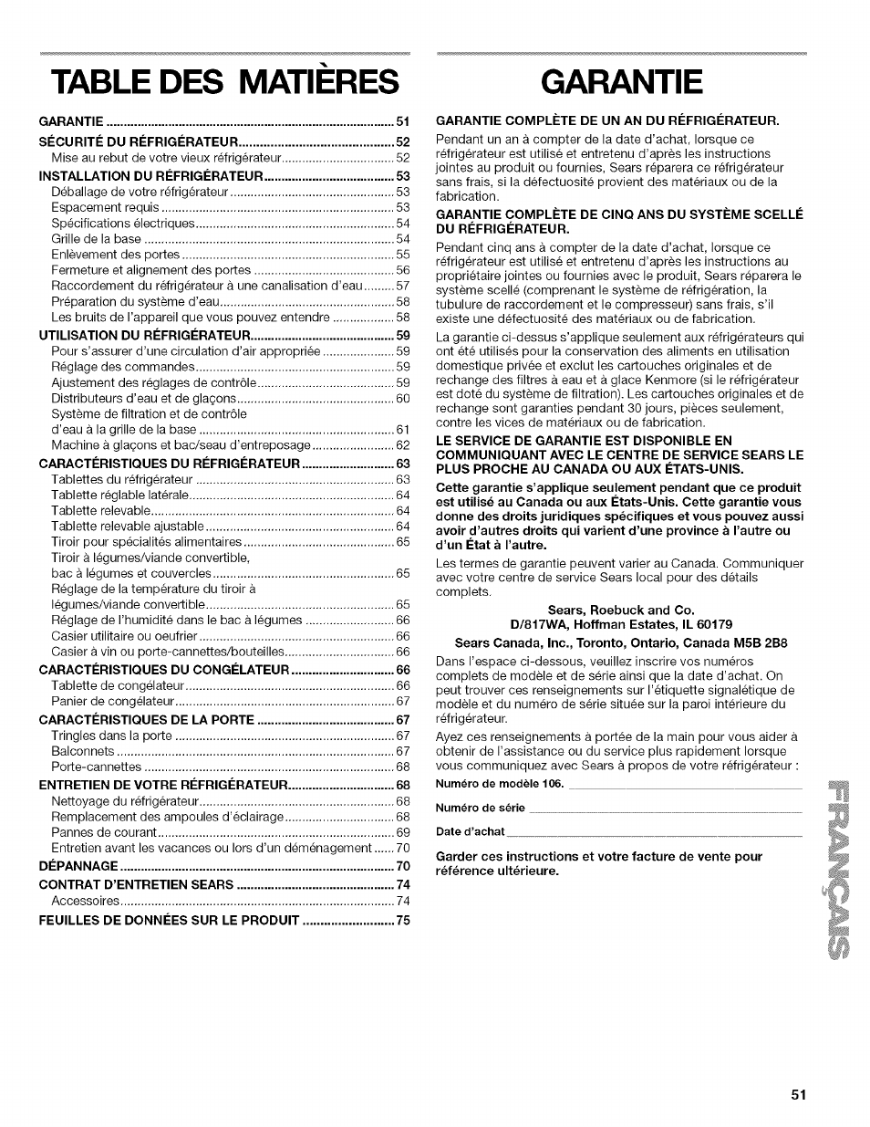 Table des matieres garantie | Kenmore 2205960 User Manual | Page 51 / 76