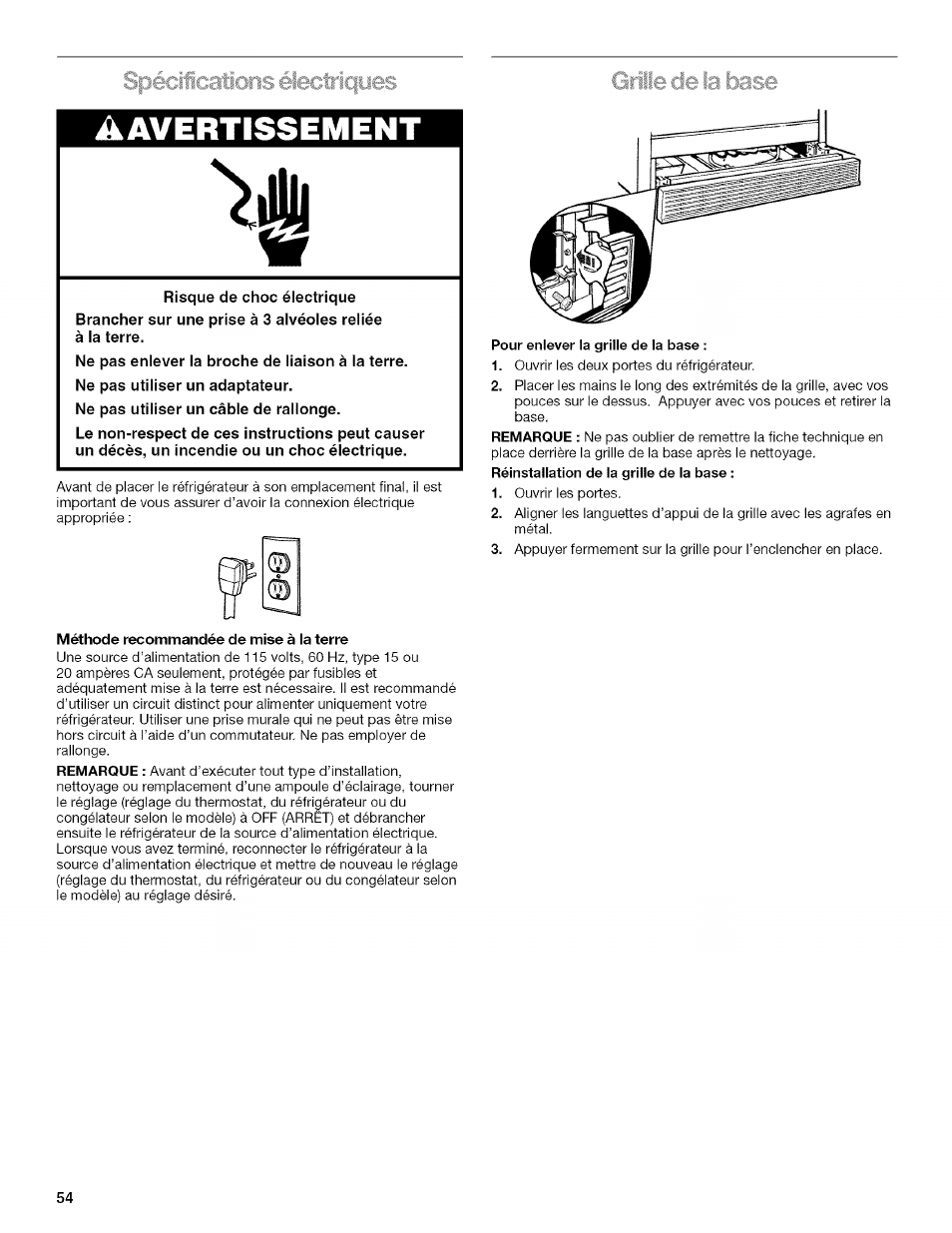 Méthode recommandée de mise à la terre, Pour enlever la grille de la base, Réinstallation de la grille de la base | Avertissement, Spéciications électriqyes grille de ia base | Kenmore 2205960 User Manual | Page 54 / 76