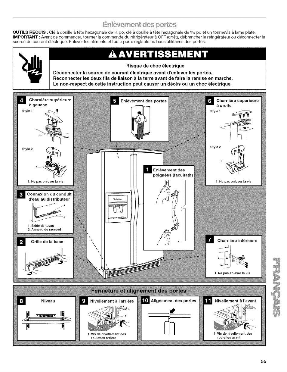 Fermeture et alignement des portes, A avertissement, Enlèvement des portes | Kenmore 2205960 User Manual | Page 55 / 76