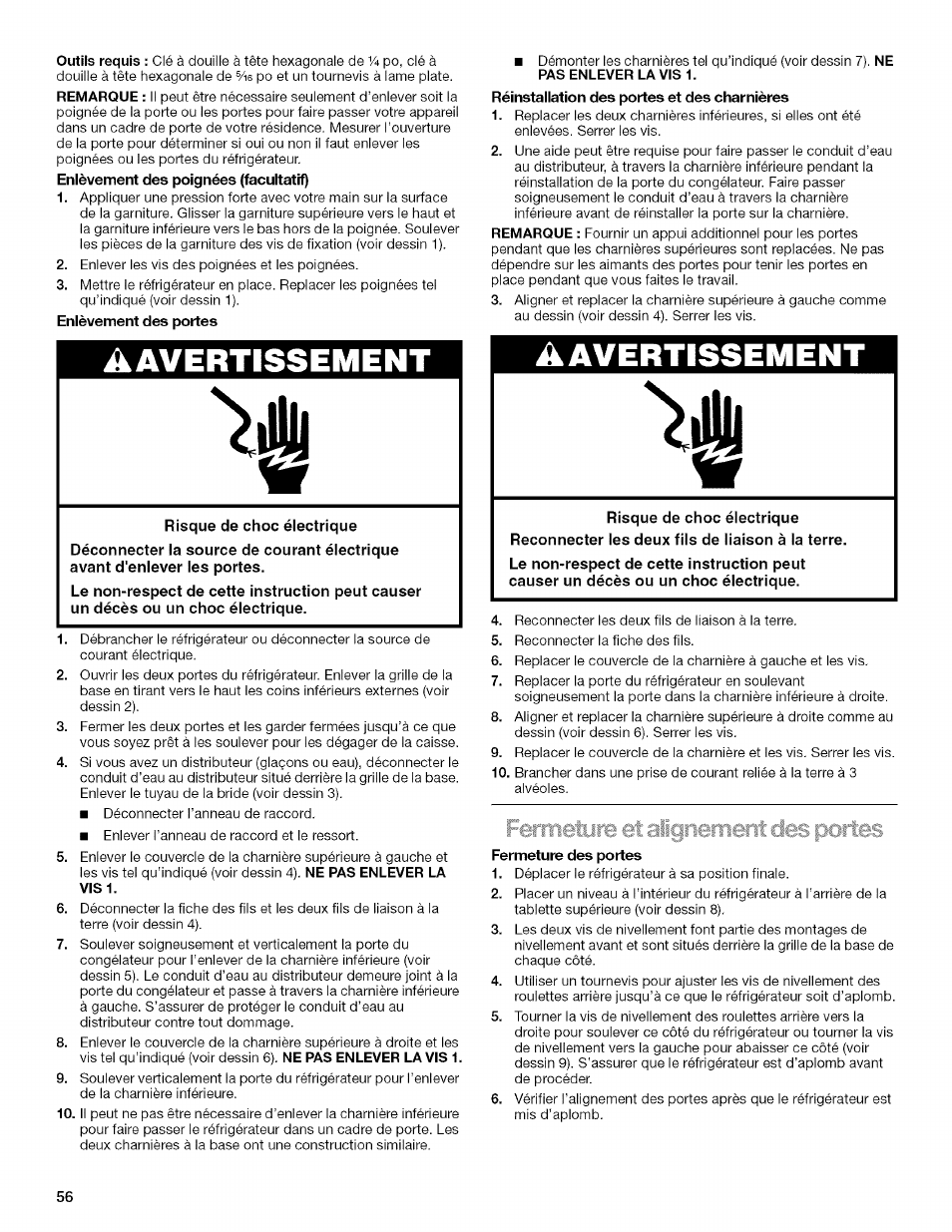 Aavertissement, Lerit des porto | Kenmore 2205960 User Manual | Page 56 / 76