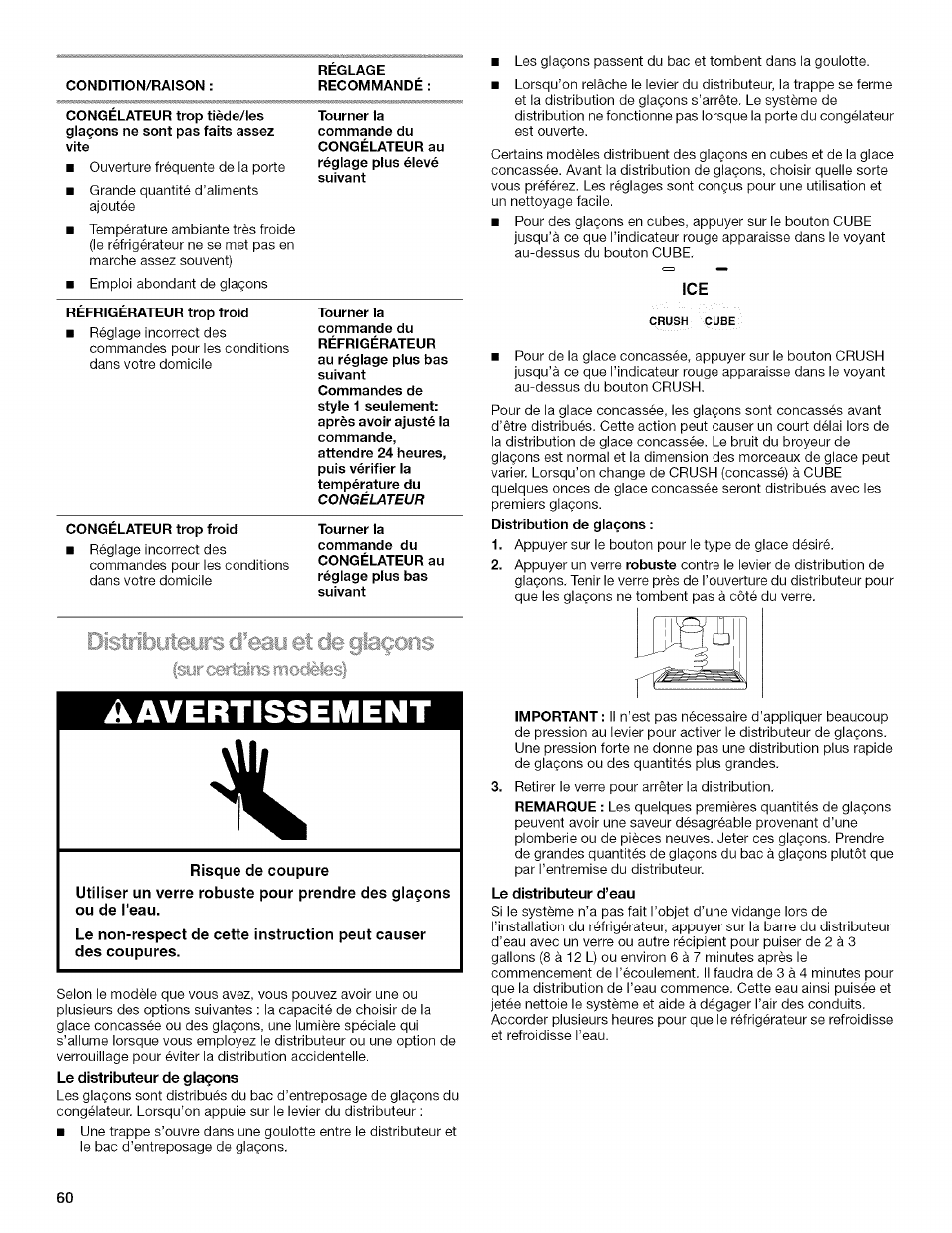 Condition/raison, Congelateur trop froid, Avertissement | Kenmore 2205960 User Manual | Page 60 / 76