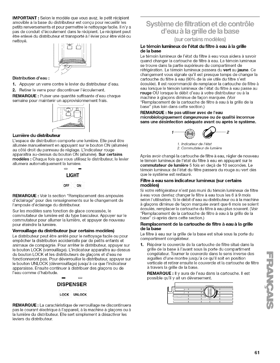 Distribution d’eau, Lumière du distributeur, Light | Dispenser | Kenmore 2205960 User Manual | Page 61 / 76