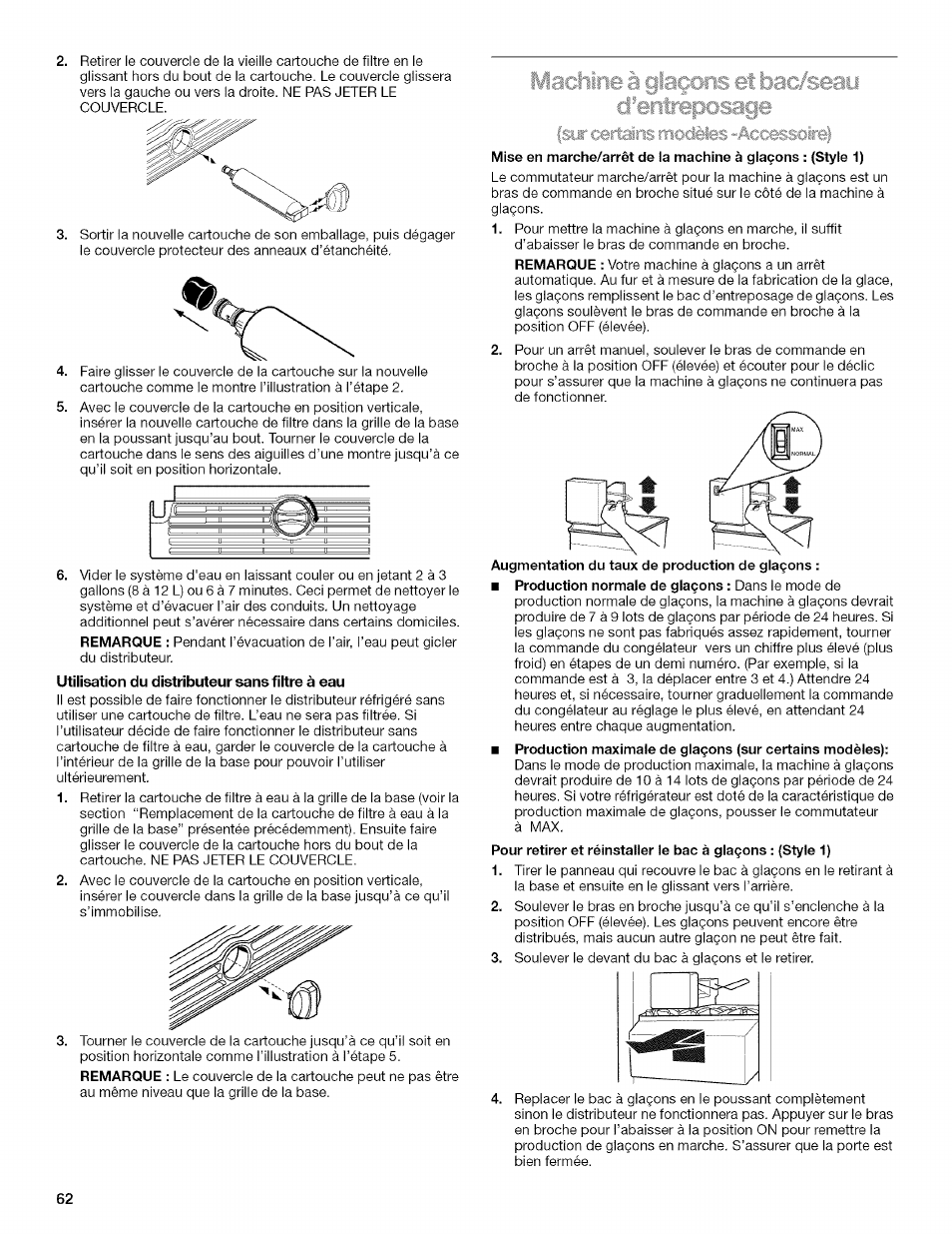 Utilisation du distributeur sans filtre à eau | Kenmore 2205960 User Manual | Page 62 / 76