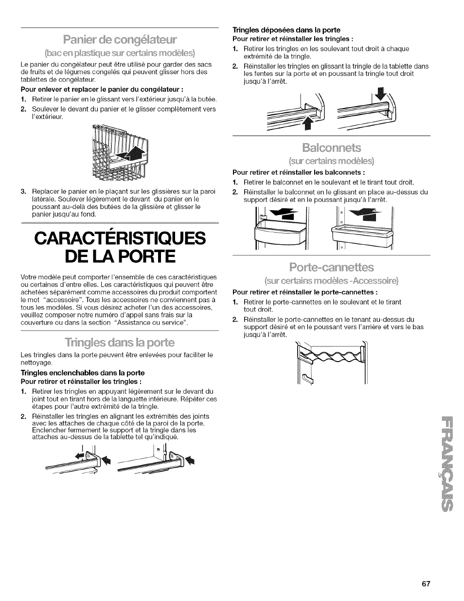 Pour retirer et réinstaller les balconnets, Pour retirer et réinstaller le porte-cannettes, Caracteristiques de la porte | Kenmore 2205960 User Manual | Page 67 / 76