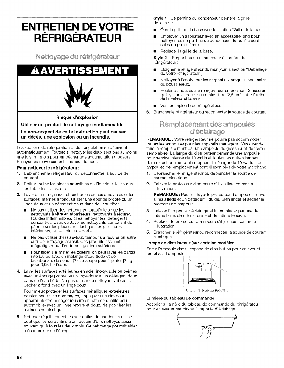 Aavertissement, Entretien de votre réfrigérateur, Nettoyage dy réfrigérateur | Rempîacîemer ■■■■■■■■: ripcjutes ^ cl^éciairage | Kenmore 2205960 User Manual | Page 68 / 76