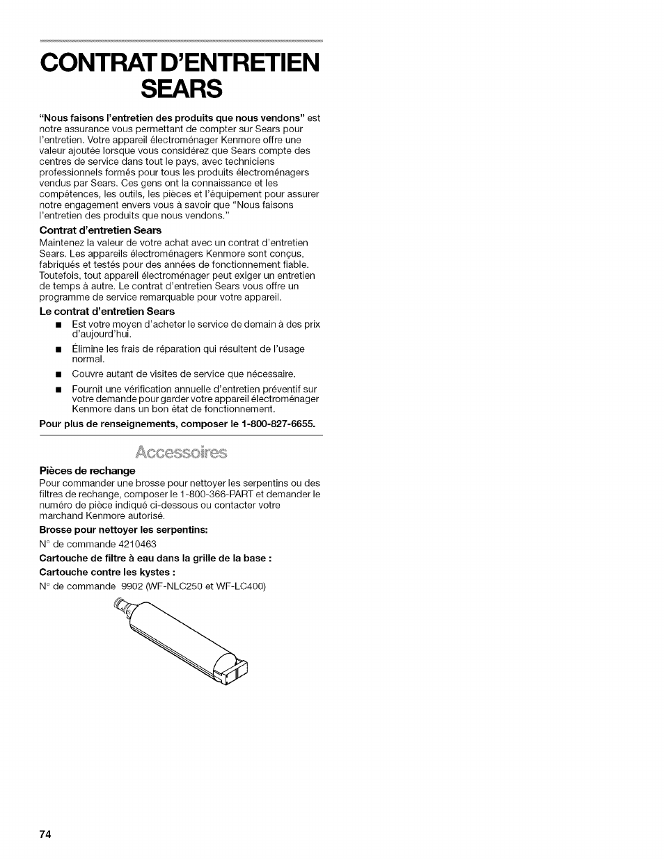 Pièces de rechange, Contrat d’entretien sears | Kenmore 2205960 User Manual | Page 74 / 76