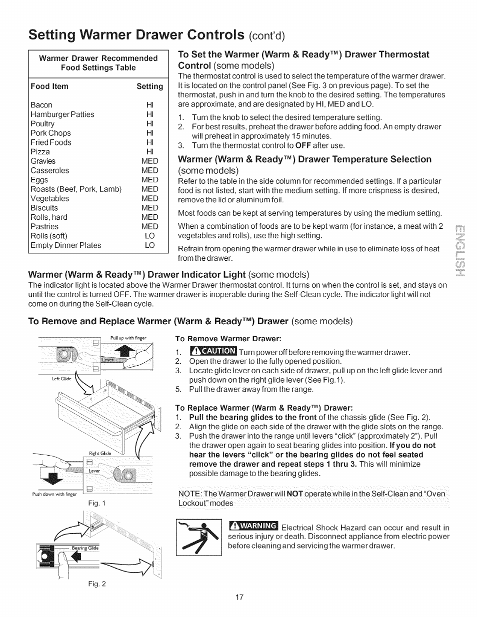 Setting warmer drawer controls (cont’d), To remove warmer drawer, To replace warmer (warm & ready™) drawer | Setting warmer drawer controls, Cont’d), Ready™) | Kenmore 790. 7744 User Manual | Page 17 / 26