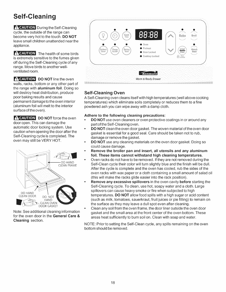 Seif“cieaning, Self-cleaning oven, Adhere to the following cleaning precautions | Kenmore 790. 7744 User Manual | Page 18 / 26