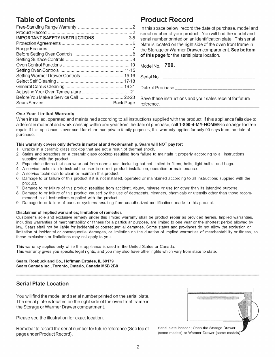 Serial plate location, Table of contents product record | Kenmore 790. 7744 User Manual | Page 2 / 26