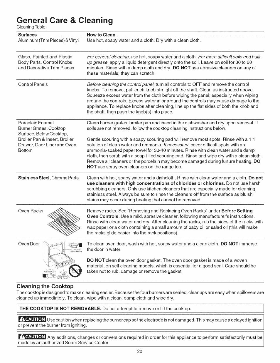 Generai care & cleaning, Cleaning the cooktop, For general cleaning | For more difficult soils and built- up grease, Before cleaning the control panel, If necessary | Kenmore 790. 7744 User Manual | Page 20 / 26