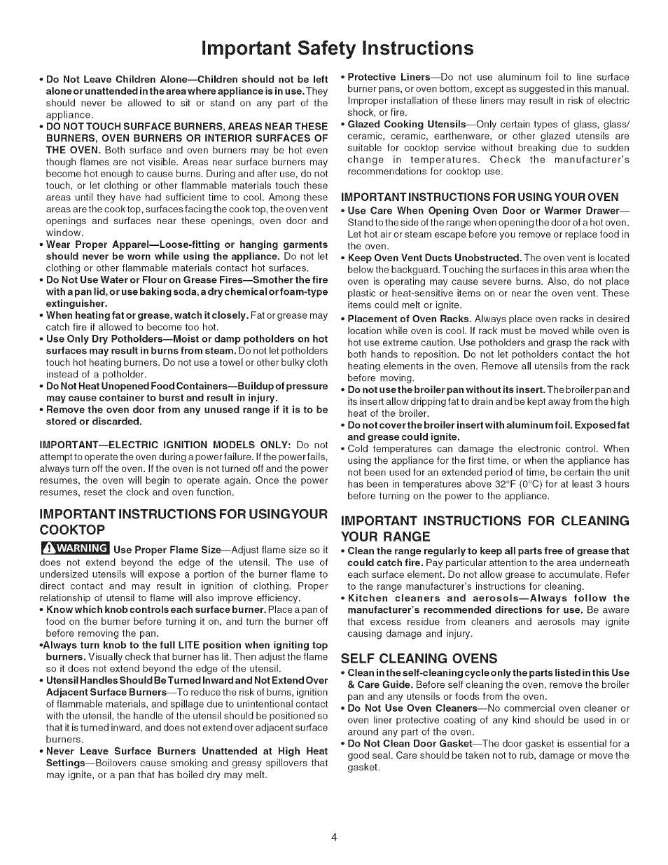 Important instructions for usingyour cooktop, Important instructions for using your oven, Important instructions for cleaning your range | Self cleaning ovens, Important safety instructions | Kenmore 790. 7744 User Manual | Page 4 / 26