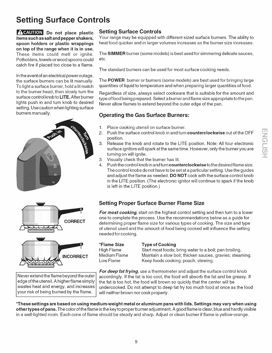 Setting surface controls, Operating the gas surface burners, Setting proper surface burner flame size | Kenmore 790. 7744 User Manual | Page 9 / 26