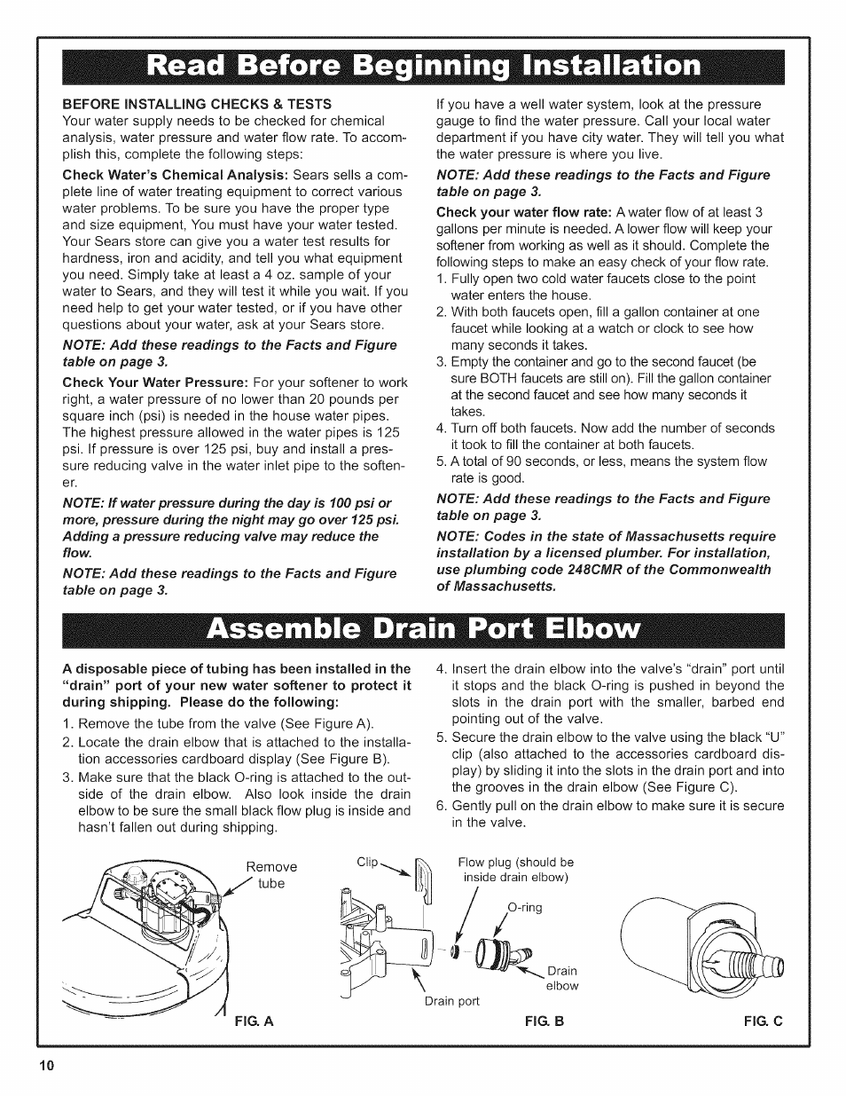 Before installing checks & tests, Assemble drain port elbow, Read before installation | Kenmore 625.38376 User Manual | Page 10 / 48