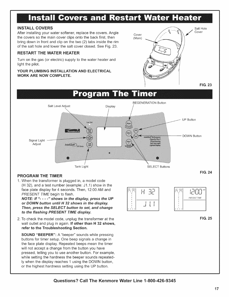 Install covers and restart water heater, Install covers, Restart the water heater | Program the timer, Fig. 24, Fig. 25, Muts0c, H 3d | Kenmore 625.38376 User Manual | Page 17 / 48