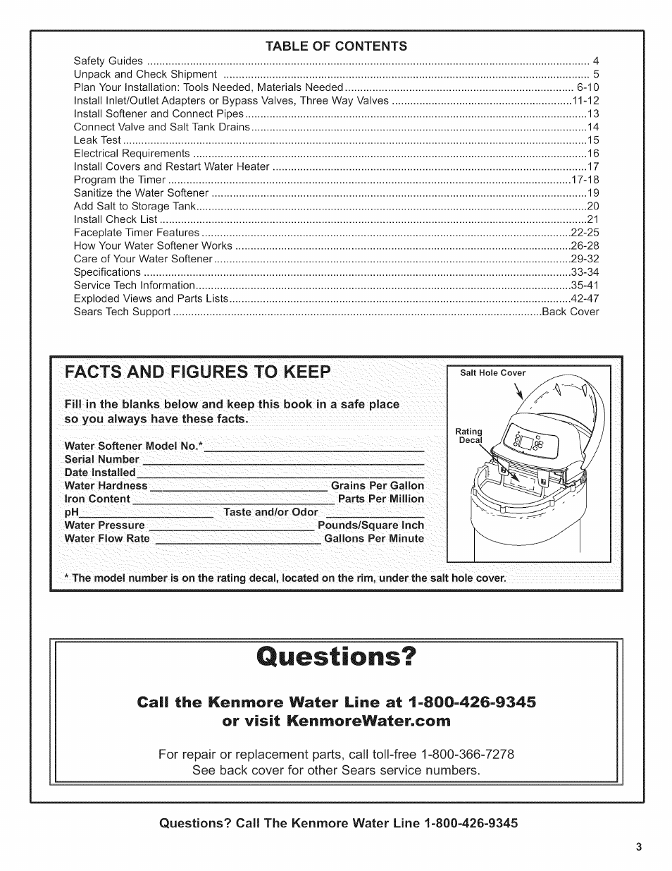 Questions, Facts and figures to keep | Kenmore 625.38376 User Manual | Page 3 / 48