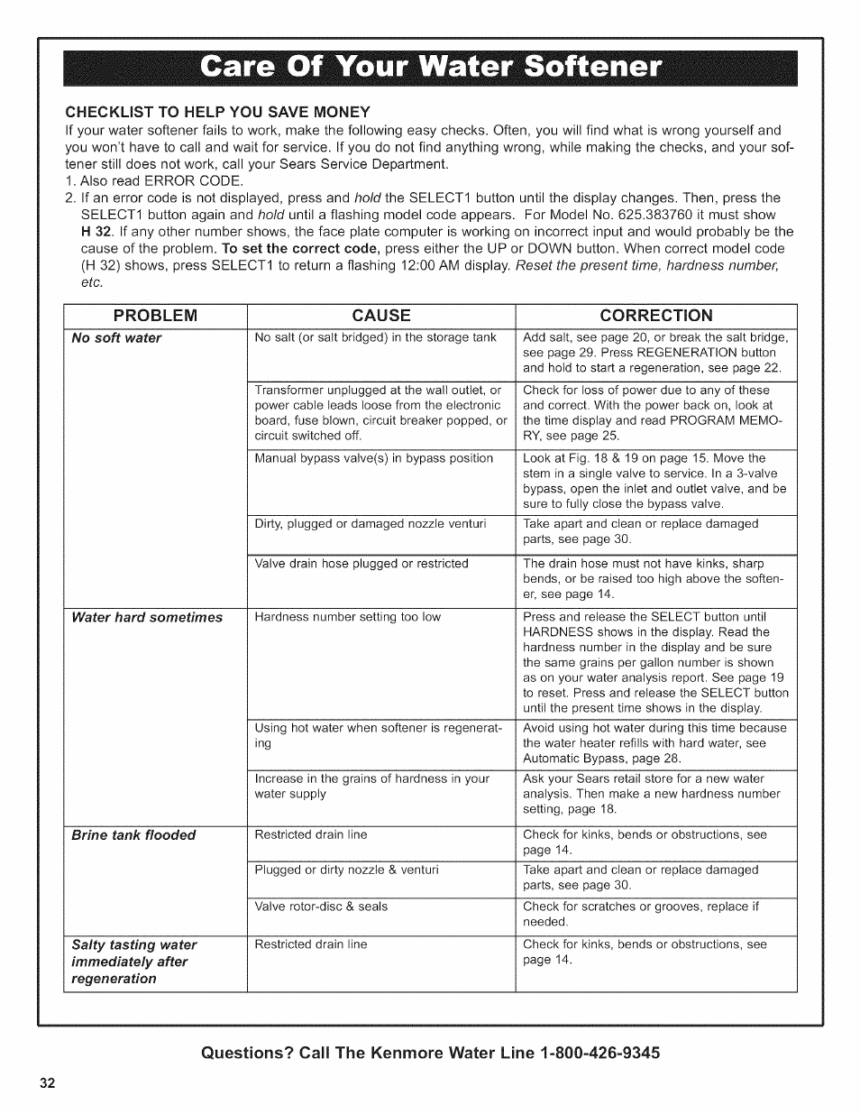 Checklist to help you save money, Care of your water softener | Kenmore 625.38376 User Manual | Page 32 / 48