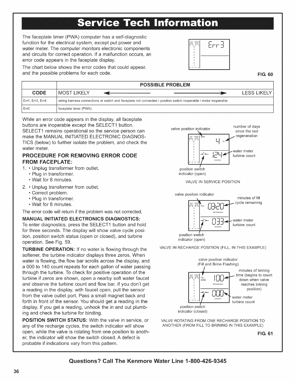 Service tech information, Fig. 60, Possible problem | Code, Procedure for removing error code from faceplate, Fig. 61, Service tech information -41, Ub'ti | Kenmore 625.38376 User Manual | Page 36 / 48