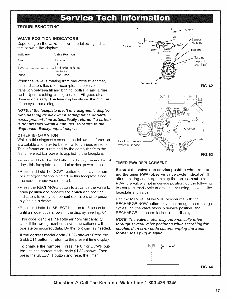 Troubleshooting, Valve position indicators, Timer pwa replacement | Fig. 64, Service tech information | Kenmore 625.38376 User Manual | Page 37 / 48