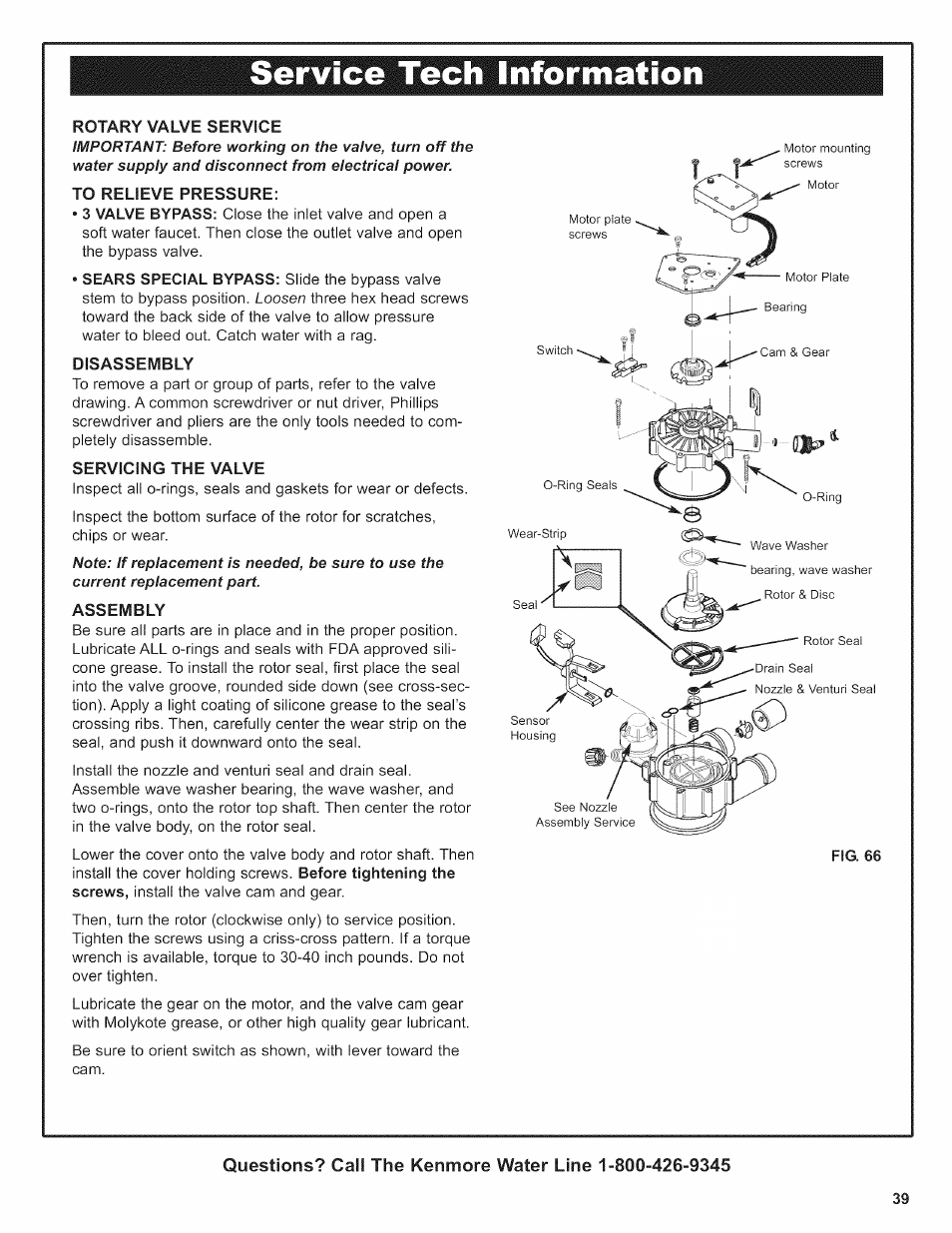 Rotary valve service, To relieve pressure, Disassembly | Servicing the valve, Assembly, Service tech information | Kenmore 625.38376 User Manual | Page 39 / 48