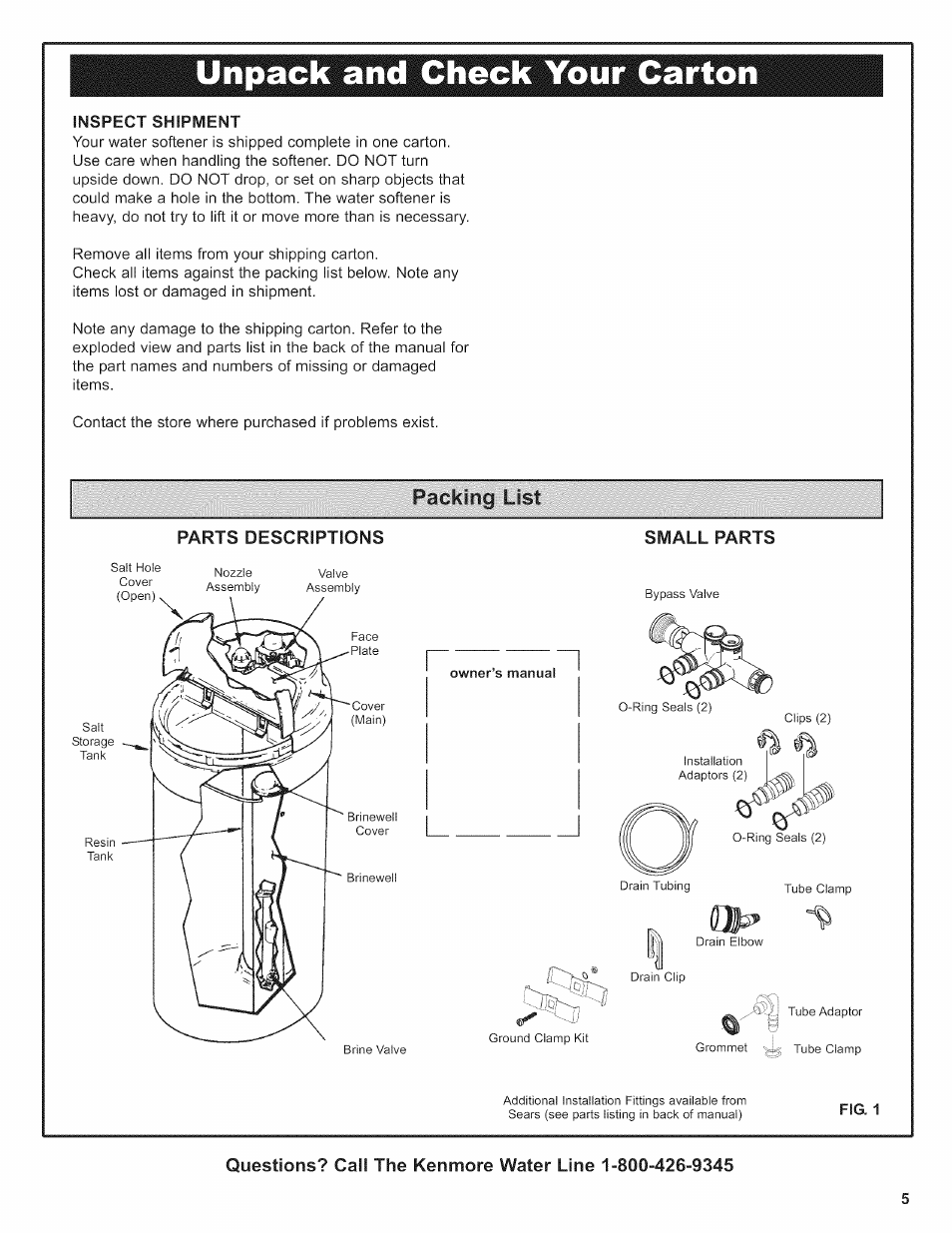 Unpack and check your carton, Inspect shipment, Psckino list | Kenmore 625.38376 User Manual | Page 5 / 48