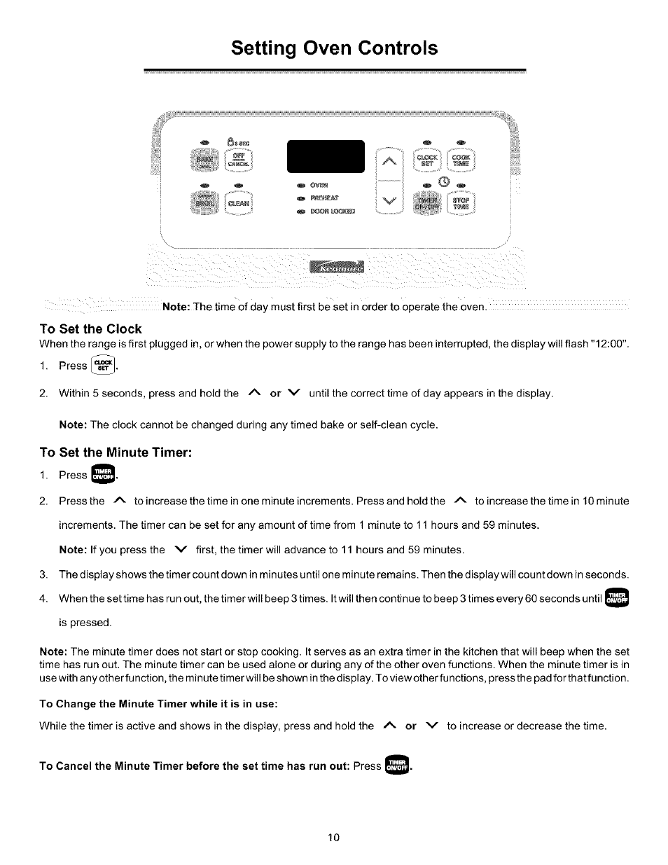 To set the clock, To set the minute timer, Setting oven controls | Kenmore 790.75604 User Manual | Page 10 / 24