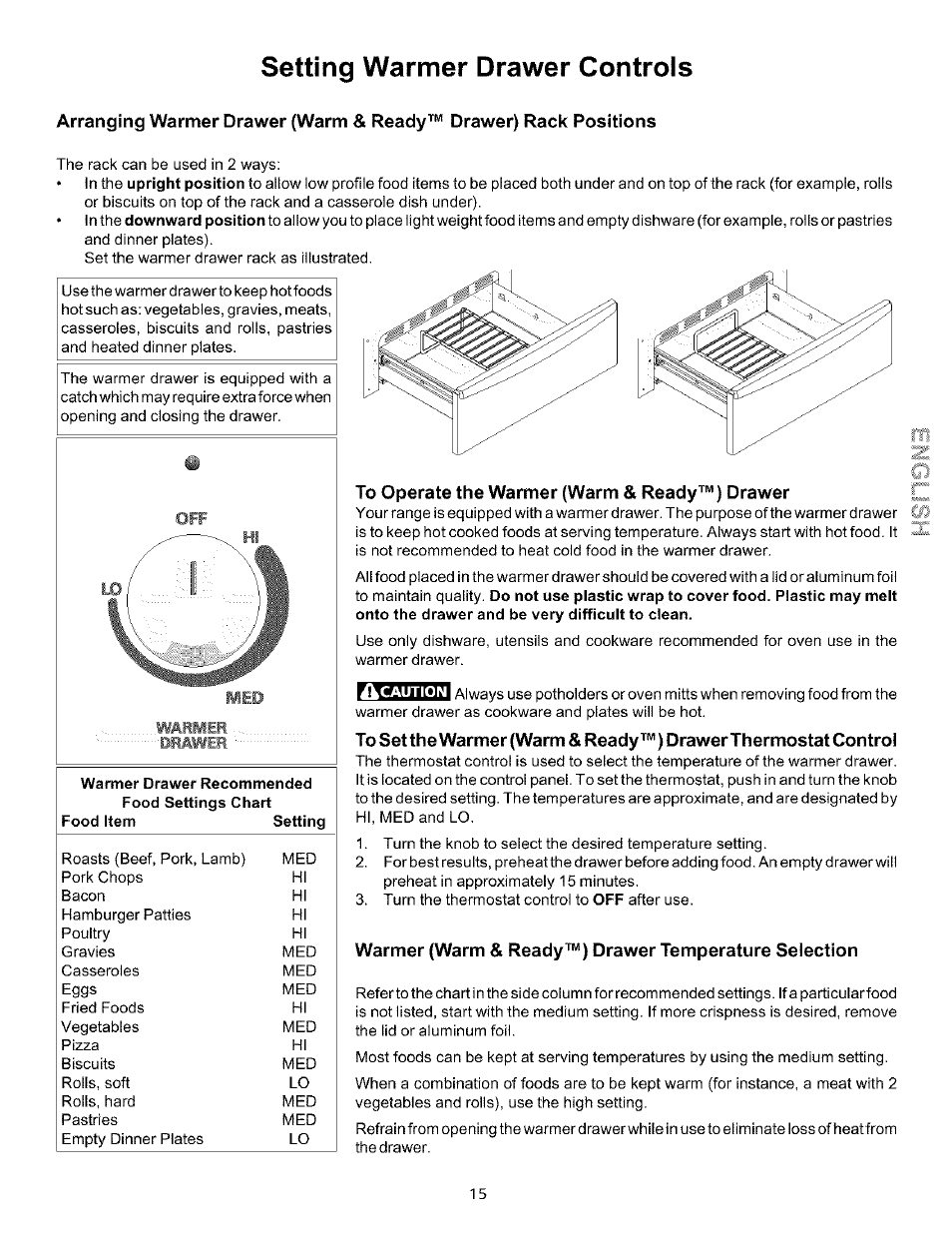 To operate the warmer (warm & ready™) drawer, Setting warmer drawer controls | Kenmore 790.75604 User Manual | Page 15 / 24