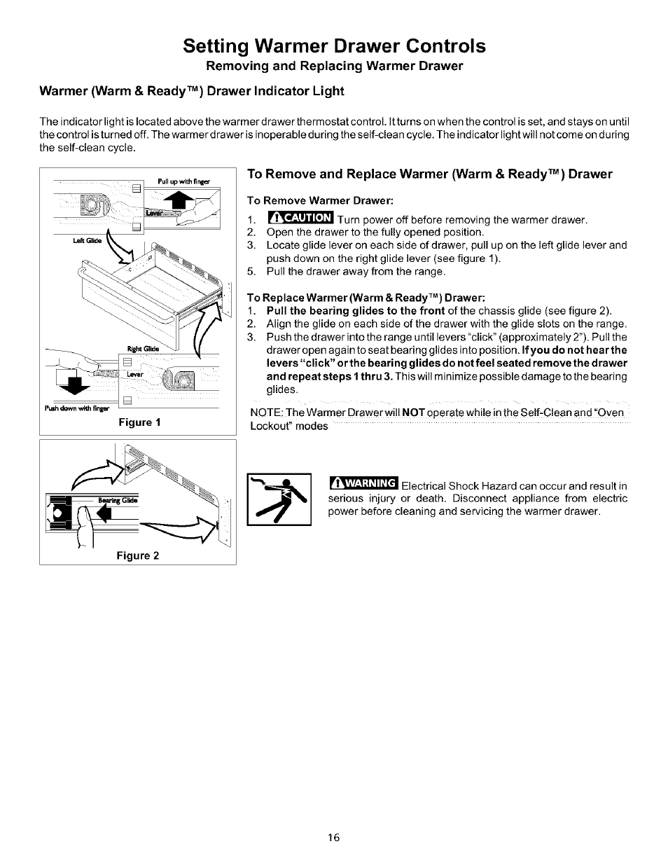 Removing and replacing warmer drawer, Warmer (warm & ready™) drawer indicator light, Setting warmer drawer controls | Kenmore 790.75604 User Manual | Page 16 / 24