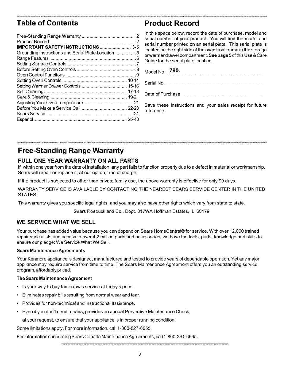 Full one year warranty on all parts, We service what we sell, Table of contents product record | Free-standing range warranty | Kenmore 790.75604 User Manual | Page 2 / 24