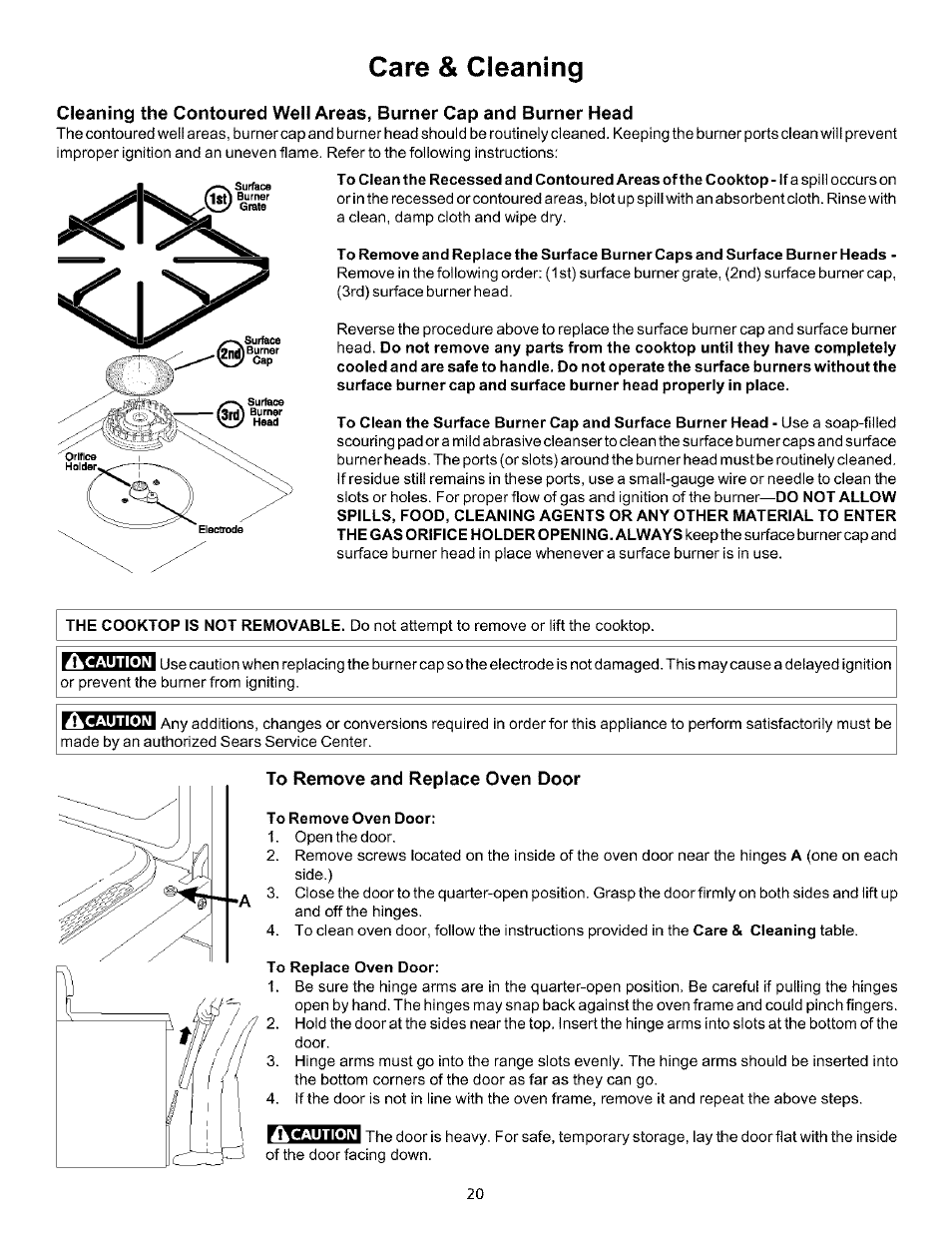 To remove and replace oven door, Care & cleaning | Kenmore 790.75604 User Manual | Page 20 / 24