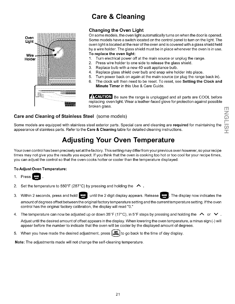 Changing the oven light, Care and cleaning of stainless steel (some models), Care & cleaning | Adjusting your oven temperature | Kenmore 790.75604 User Manual | Page 21 / 24