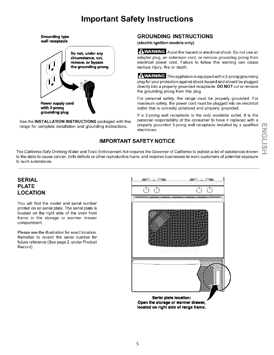 Grounding instructions, Important safety notice, Serial | Plate, Location, Important safety instructions, Serial plate location | Kenmore 790.75604 User Manual | Page 5 / 24