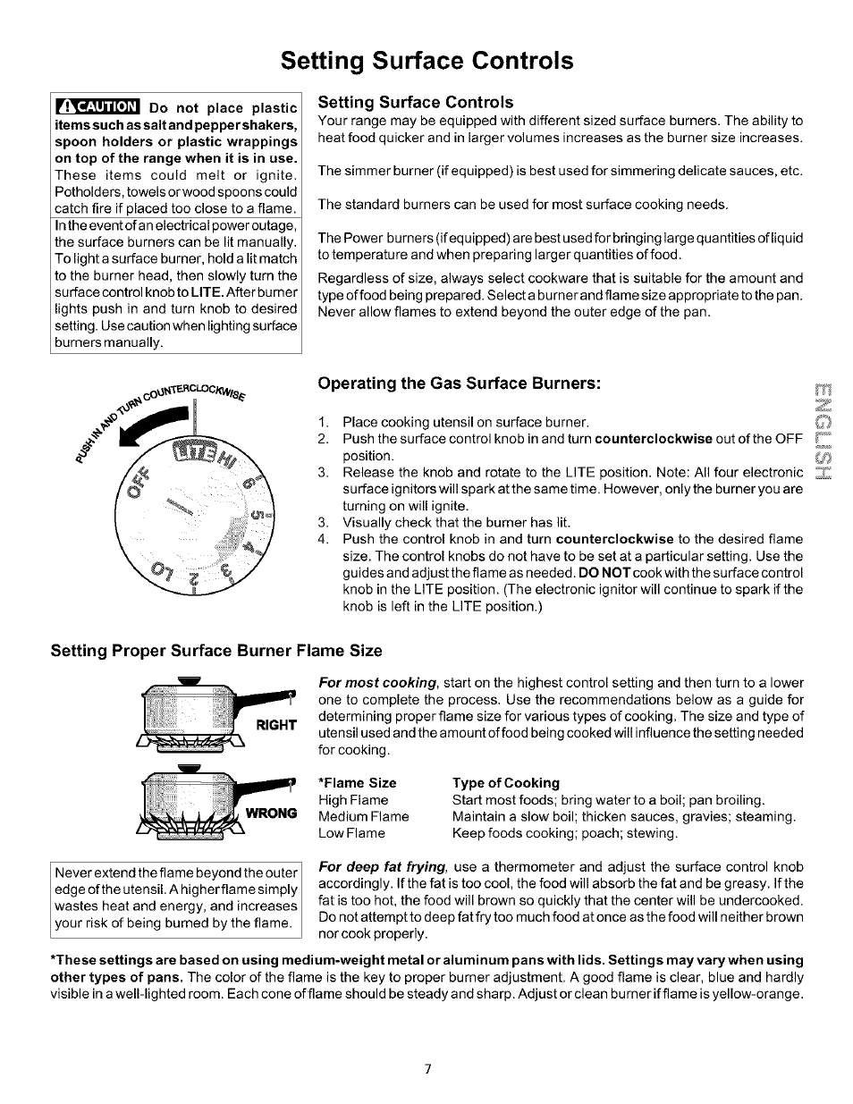 Setting surface controls, Operating the gas surface burners, Setting proper surface burner flame size | Kenmore 790.75604 User Manual | Page 7 / 24