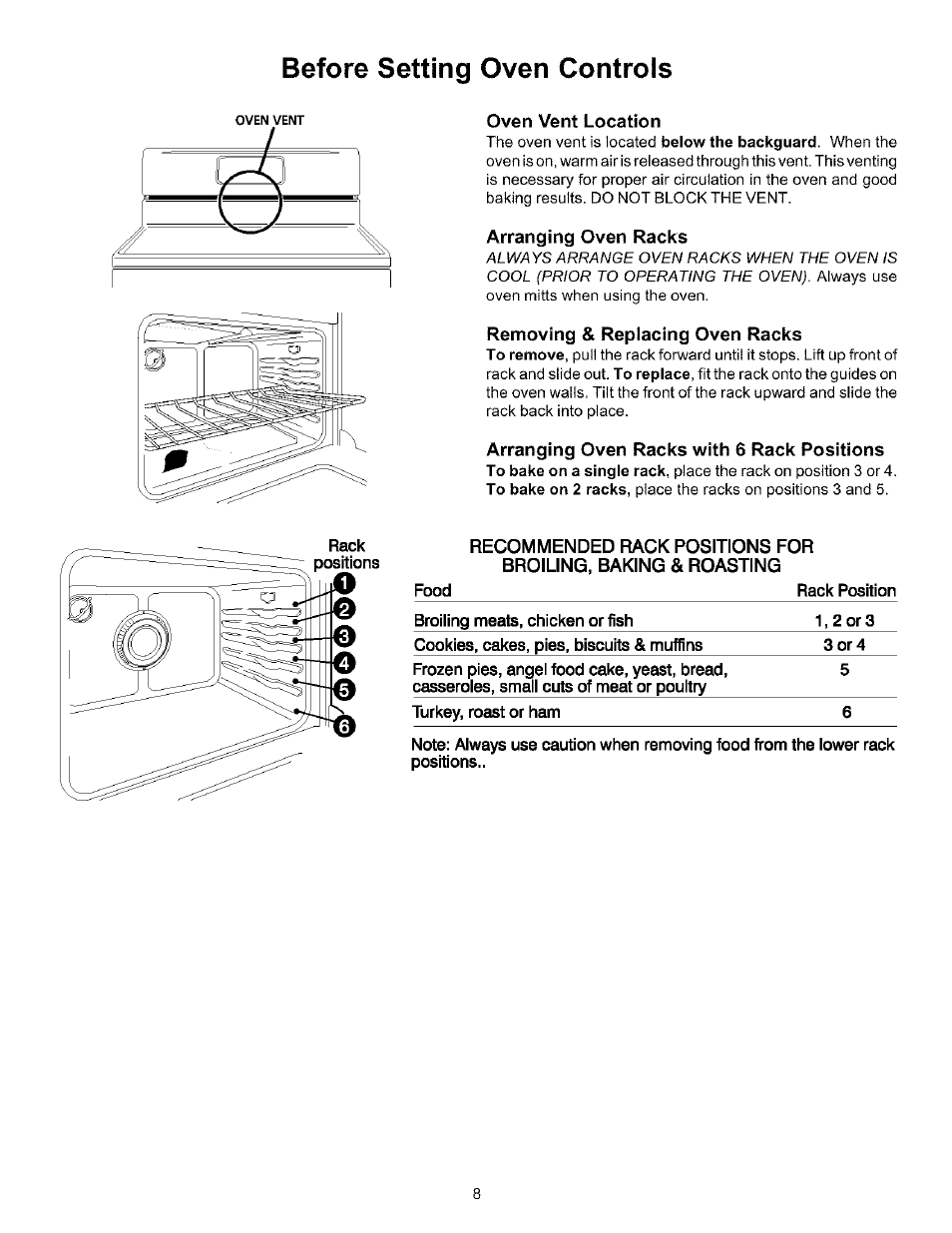 Oven vent location, Arranging oven racks, Removing & replacing oven racks | Arranging oven racks with 6 rack positions, Before setting oven controls | Kenmore 790.75604 User Manual | Page 8 / 24