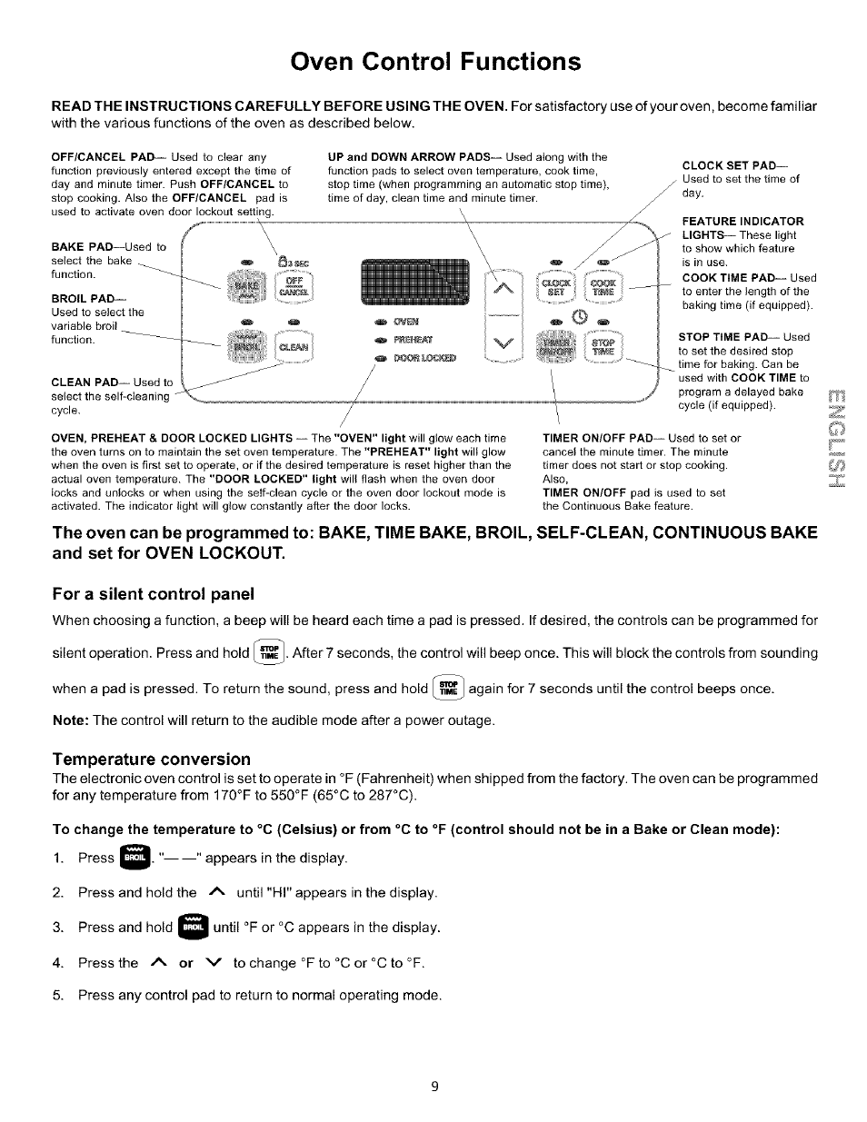 For a silent control panel, Temperature conversion, Oven control functions | Kenmore 790.75604 User Manual | Page 9 / 24