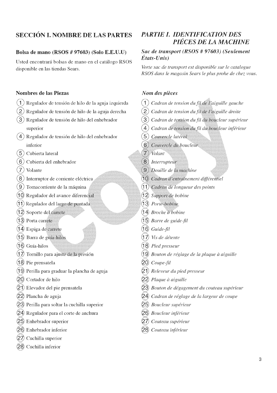 Nombres de las piezas, Partiel identification des pièces de la machine, Nom des pièces | Kenmore 385.16677 User Manual | Page 14 / 90