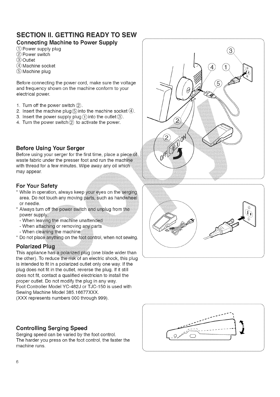 Before using your serger, For your safety, Polarized plug | Controlling serging speed, Controlling sewing speed | Kenmore 385.16677 User Manual | Page 17 / 90