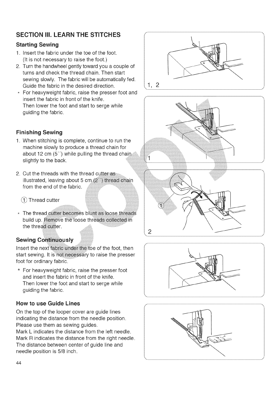 Section iii. learn the stitches starting sewing, Finishing sewing, How to use guide lines | Kenmore 385.16677 User Manual | Page 55 / 90