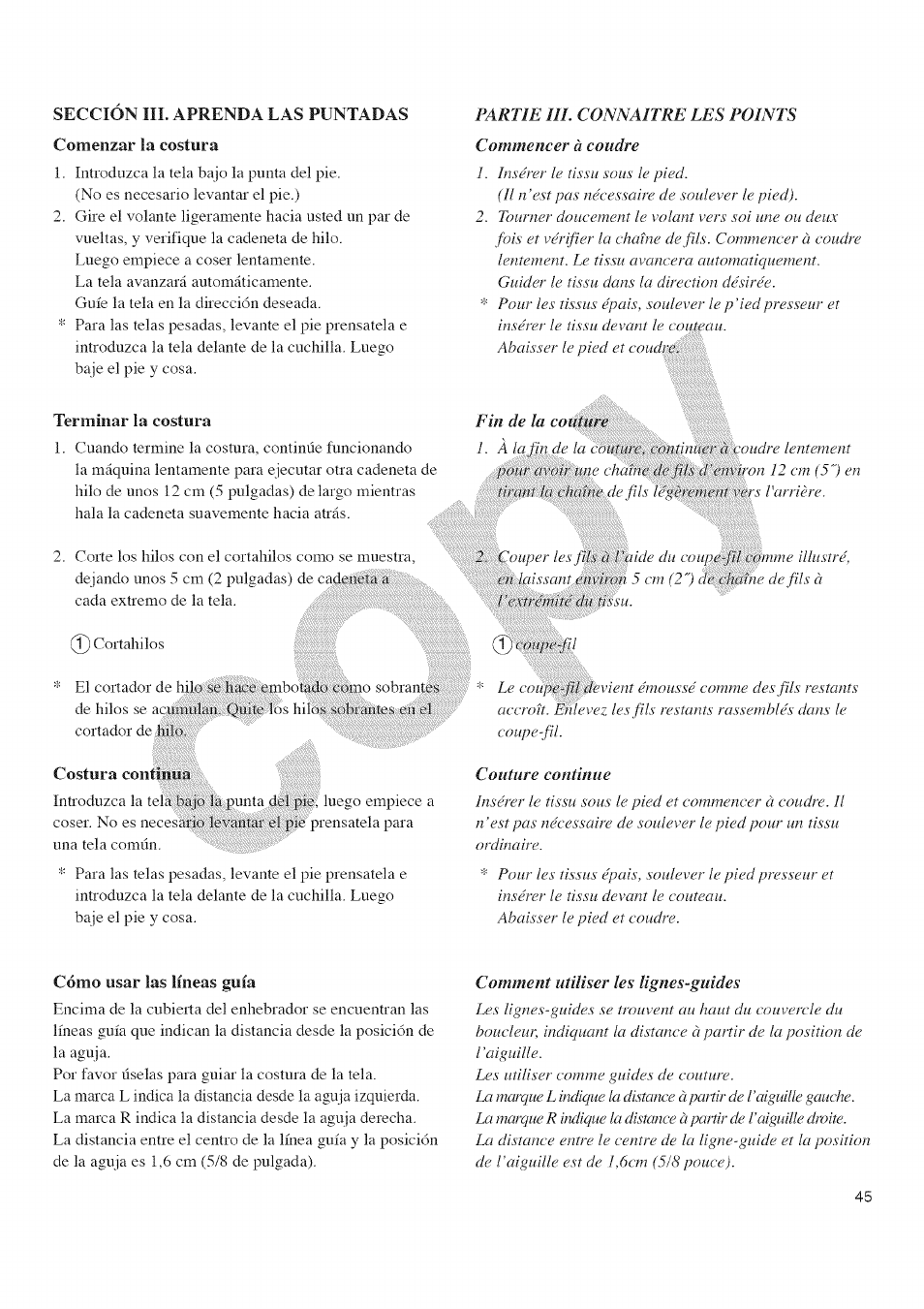 Comenzar la costura, Terminar la costura, Cómo usar las líneas guía | Kenmore 385.16677 User Manual | Page 56 / 90