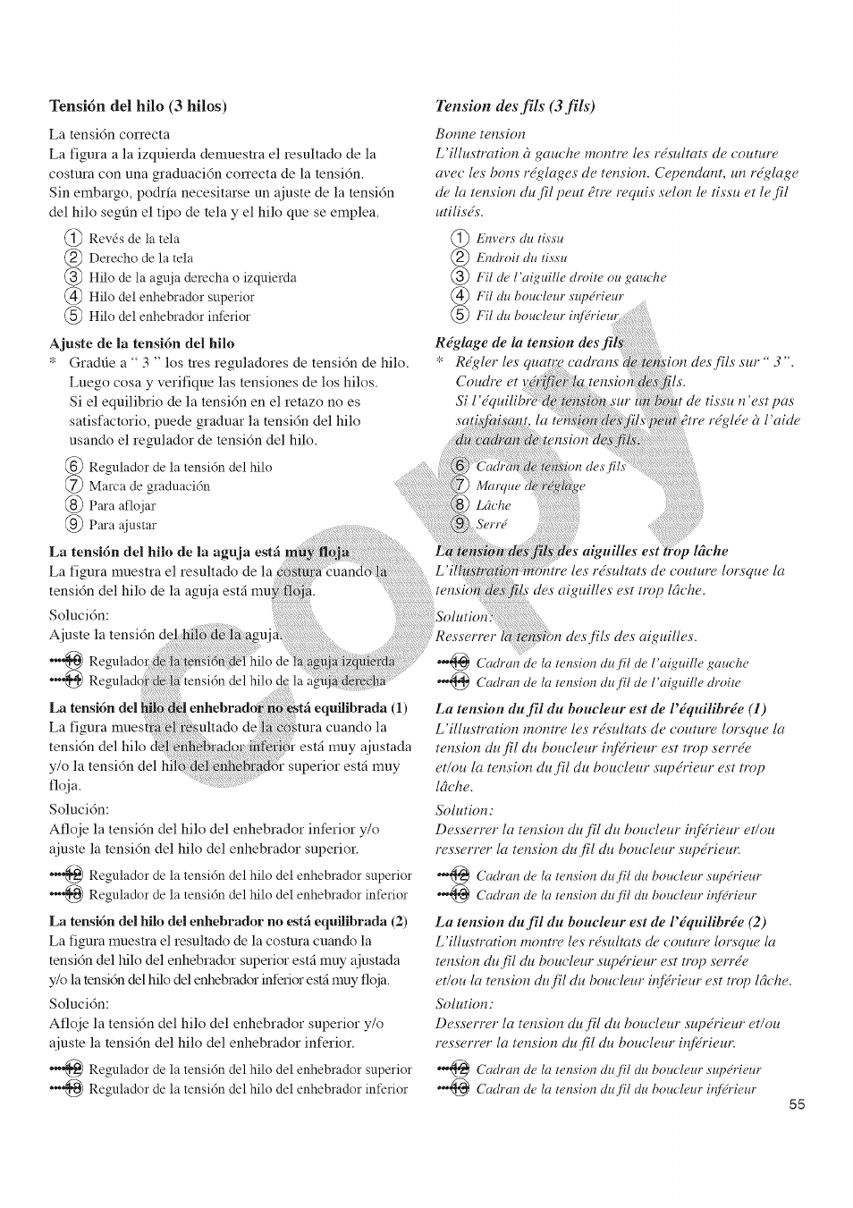 Ajuste, Hilo .del enhebrador.nóiéstá, Está | Tensión del, 3 hilos), Des fils (3 fils) | Kenmore 385.16677 User Manual | Page 66 / 90