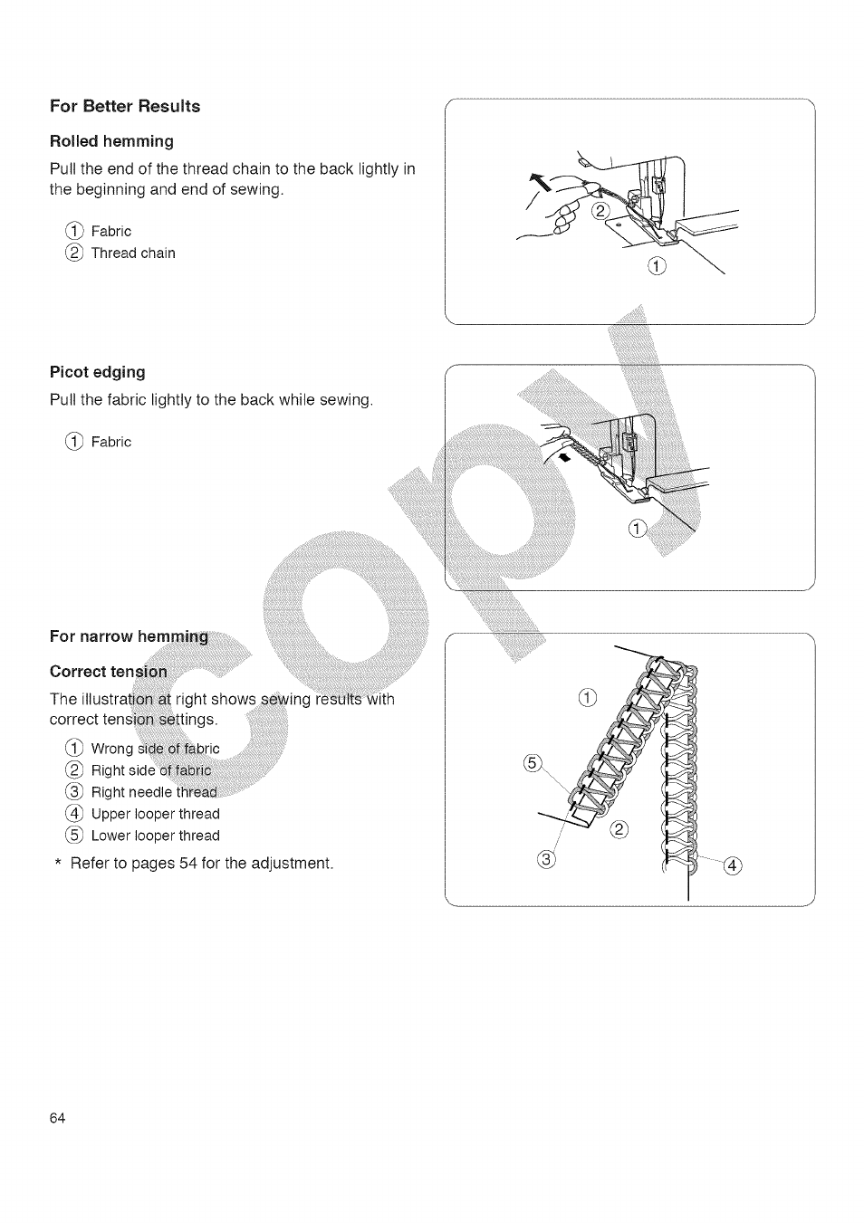 Picot edging, For narrow hemming; correct tension, Hemming | Kenmore 385.16677 User Manual | Page 75 / 90