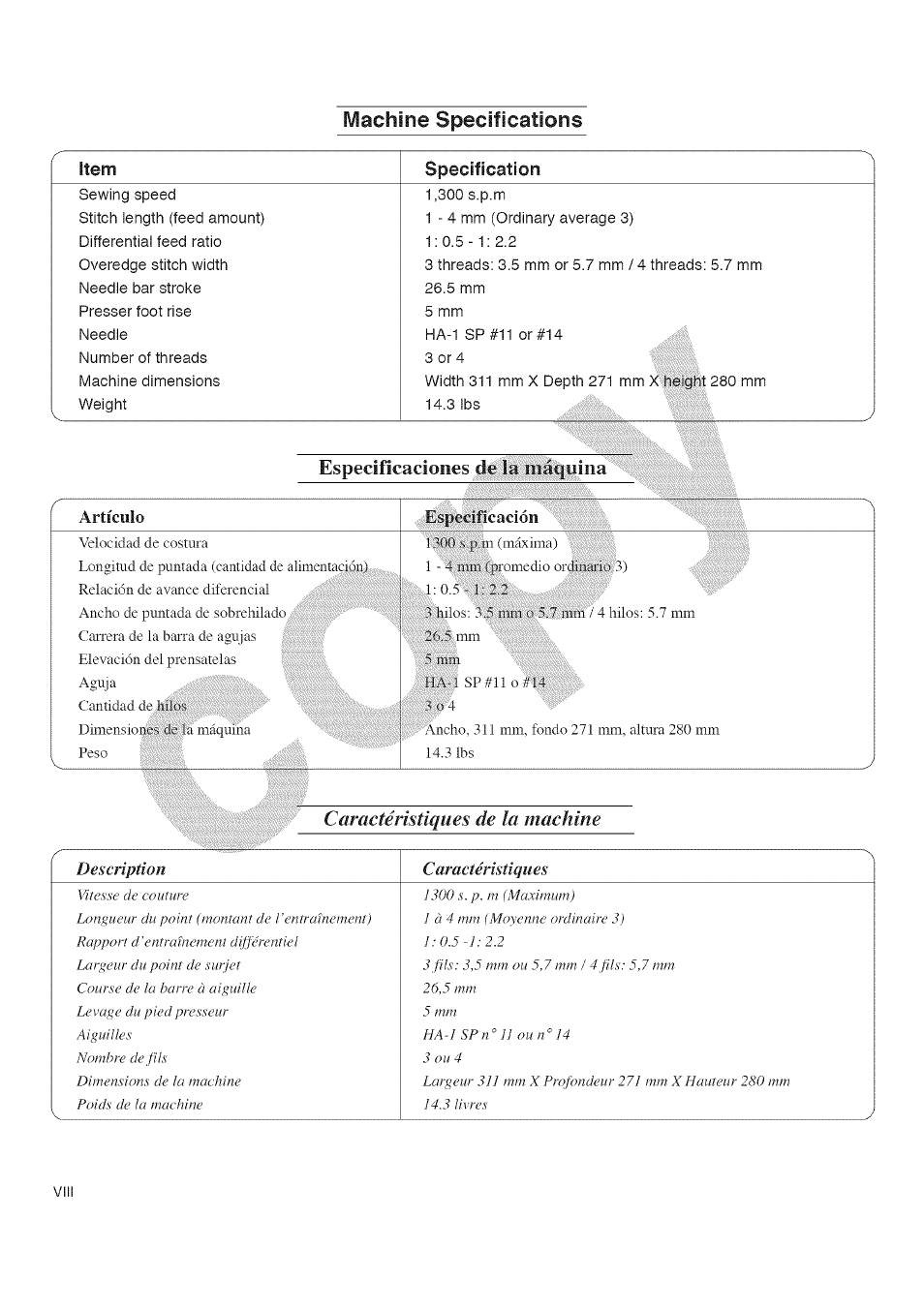 Artículo, Machine specifications, Caractéristiques de la machine | Specification, Especificaciones de là- maquina artículo, Description, Caractéristiques | Kenmore 385.16677 User Manual | Page 8 / 90