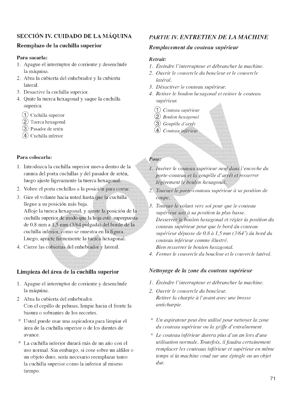 Sección iv. cuidado de la máquina, Limpieza del área de la cuchilla superior, Reemplazo de la cuchilla superior | Partie iv. entretien de la machine | Kenmore 385.16677 User Manual | Page 82 / 90