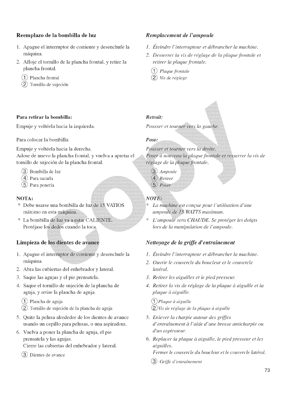 Reemplazo de la bombilla de luz, Remplacement, Vampoule | Limpieza de los. dientes de avance, Nettoyage | Kenmore 385.16677 User Manual | Page 84 / 90