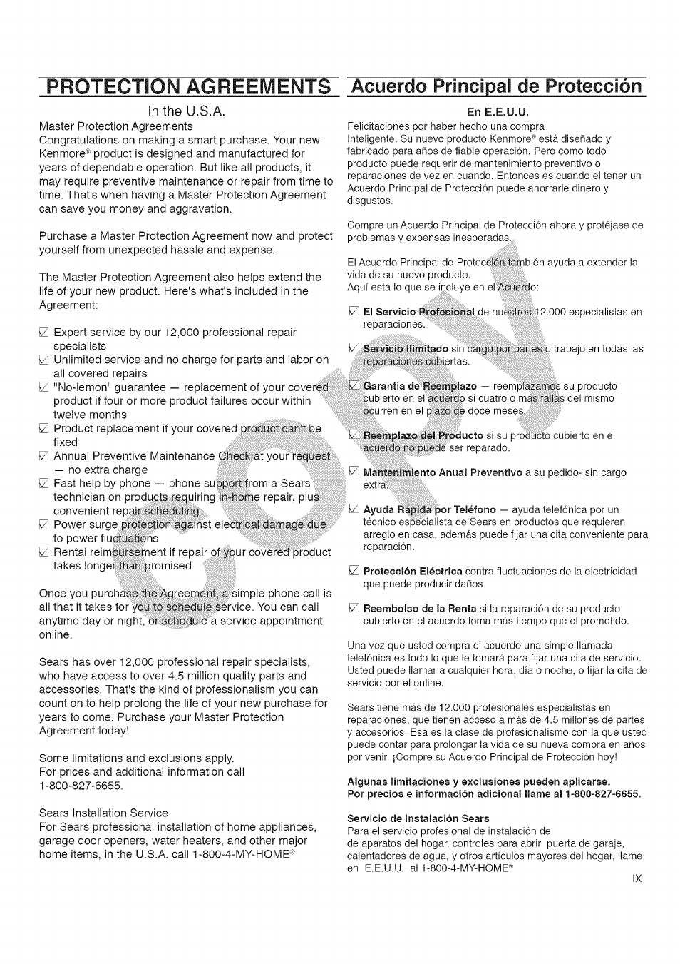 Protection, Acuerdo principal de protección, En e.e.u.u | Kenmore 385.16677 User Manual | Page 9 / 90